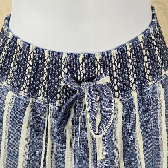 Sincerely Jules Sz S Blue White Striped Linen Blend Pants Elastic Smocked Waist - Picture 3 of 12